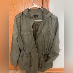 New look size large lined green coat, cinched waist, button details